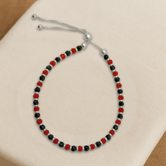 Adjustable Red, Black & Silver Beaded Bracelet in 925 Silver – Unisex