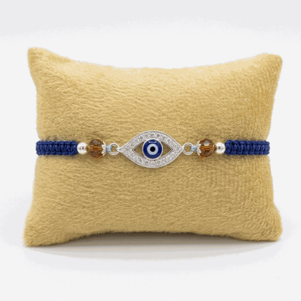 Classic Studded Rakhi in 925 Sterling Silver-Evil Eye - Blue String - Zeno Jewels