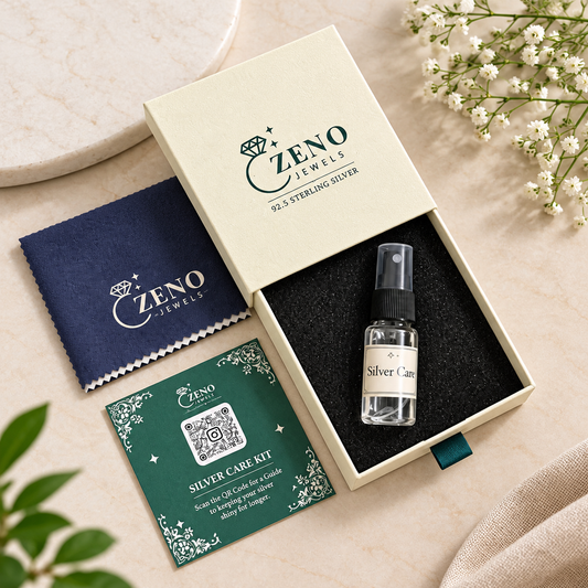 Zeno Jewels Silver Care Kit with cleaning solution, microfiber polishing cloth, care guide card, and signature gift box