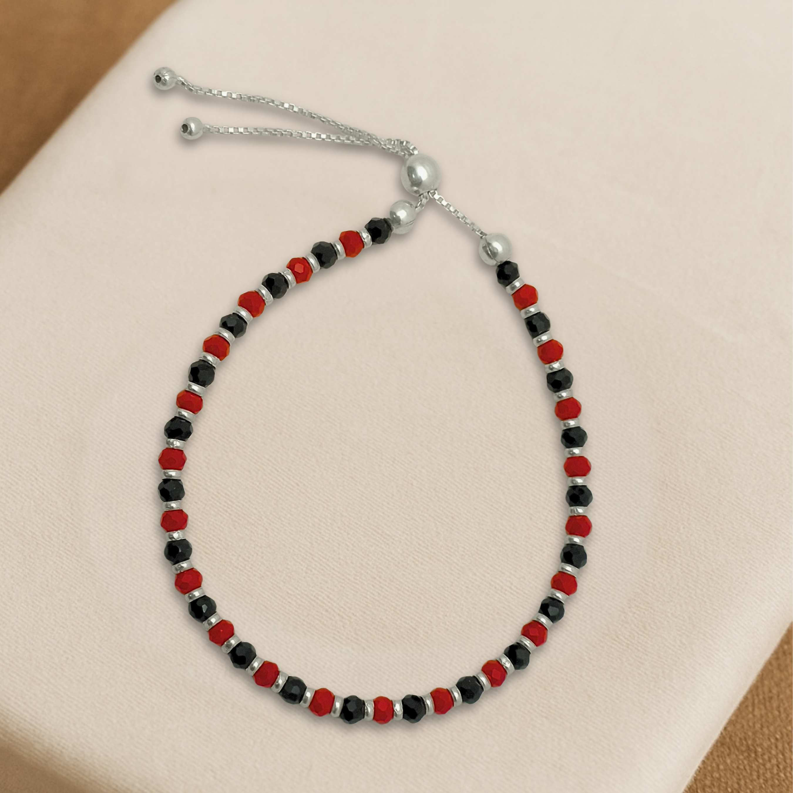 Adjustable Red, Black & Silver Beaded Bracelet in 925 Silver – Unisex