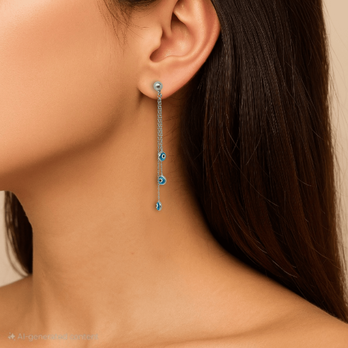 925 Silver Long Chain Earrings with Triple Evil Eye Charms – Anti-Nazar Dangler