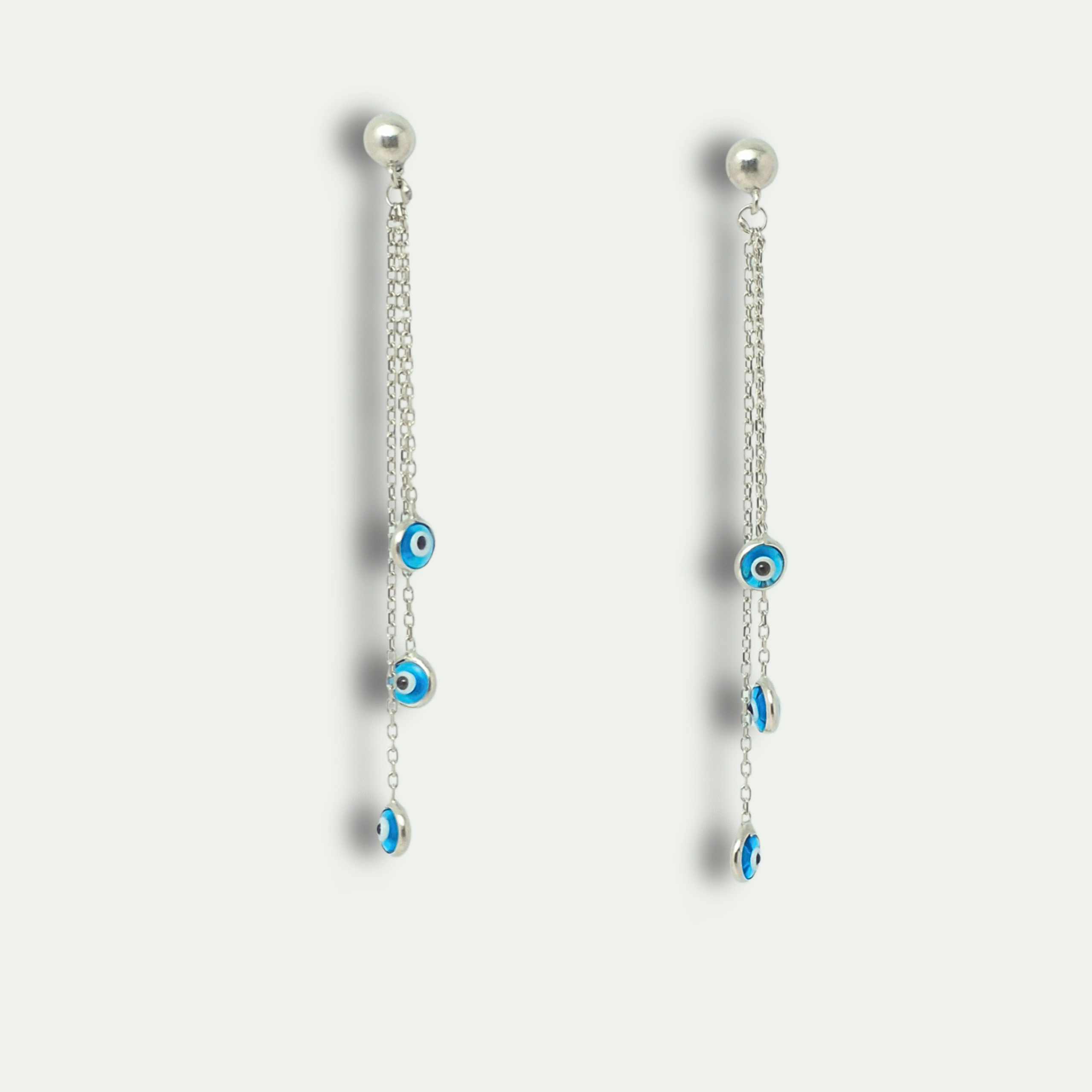 925 Silver Long Chain Earrings with Triple Evil Eye Charms – Anti-Nazar Dangler