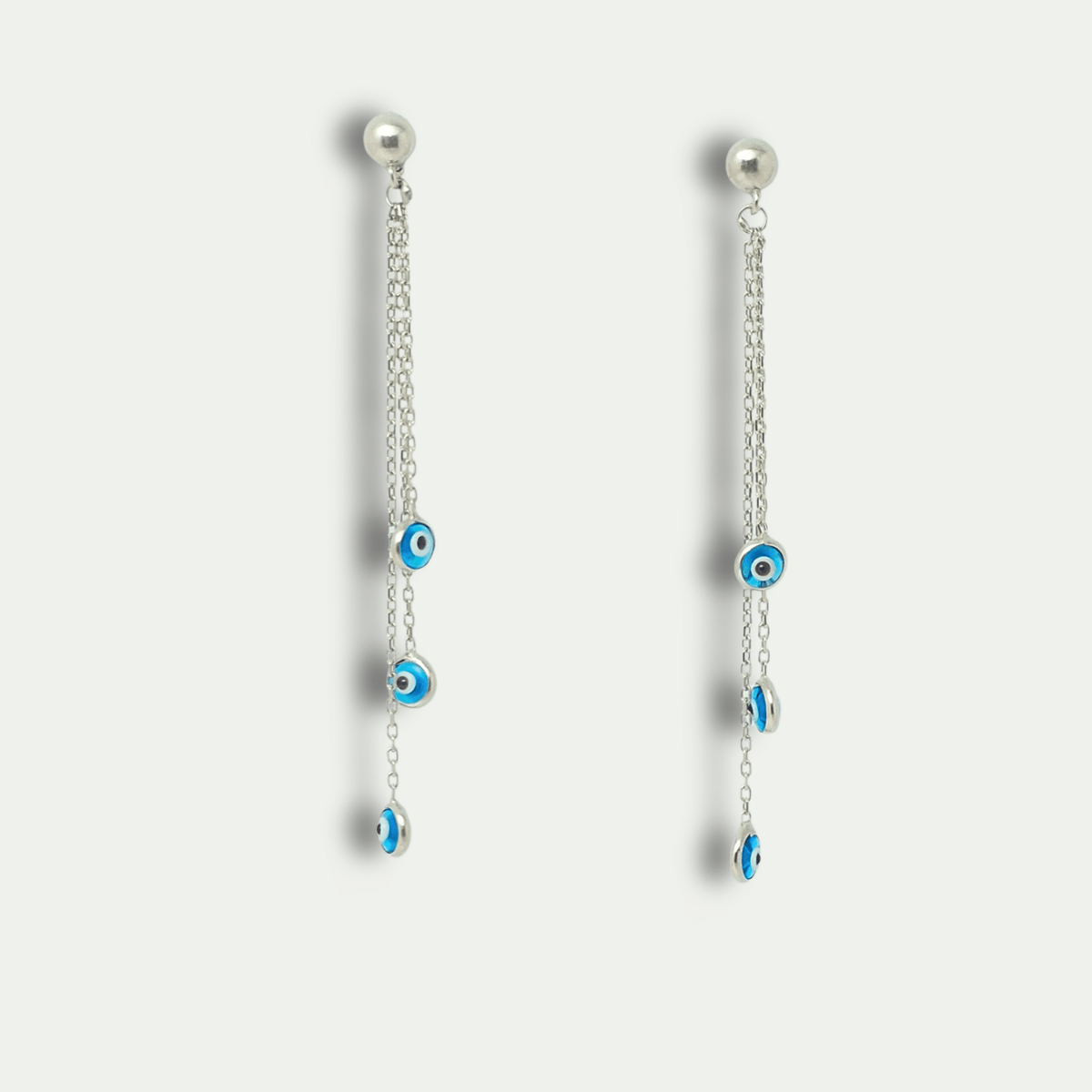 925 Silver Long Chain Earrings with Triple Evil Eye Charms – Anti-Nazar Dangler