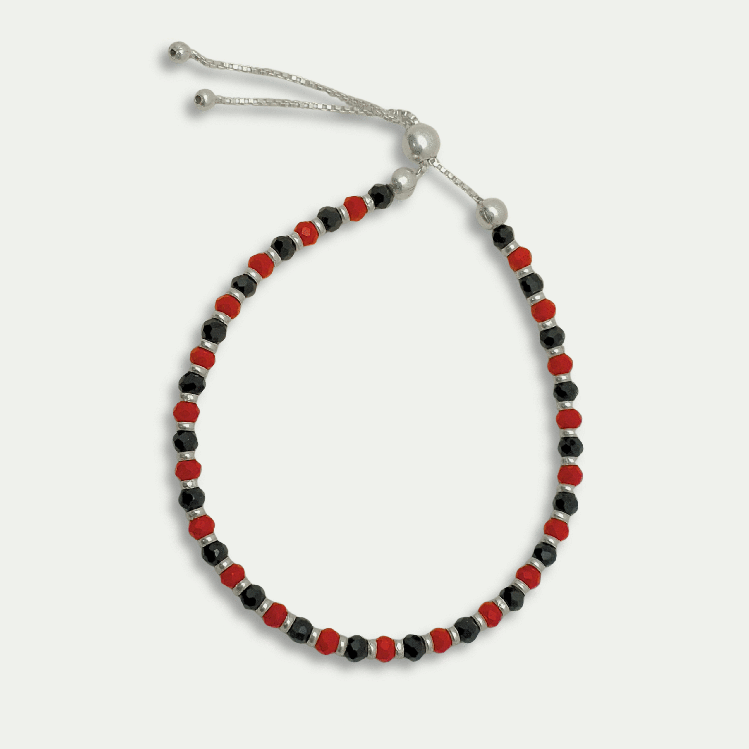 Adjustable Red, Black & Silver Beaded Bracelet in 925 Silver – Unisex