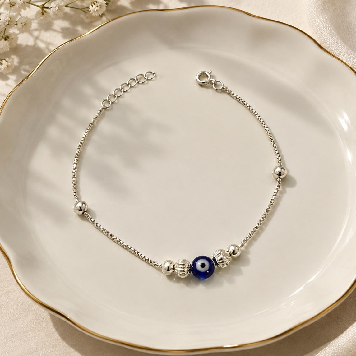 Beaded Evil Eye Bracelet in 925 Sterling Silver