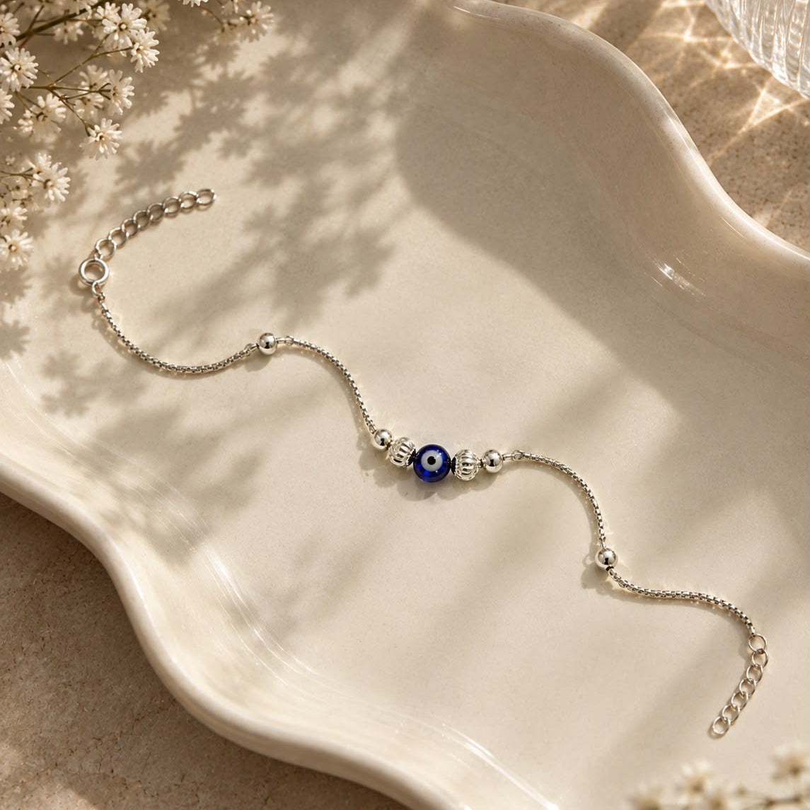 Beaded Evil Eye Bracelet in 925 Sterling Silver