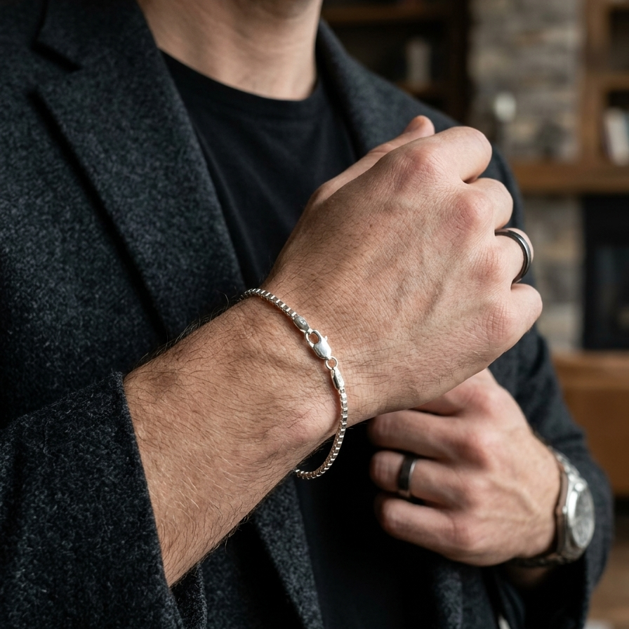 Men's Box Chain Bracelet in 925 Sterling Silver