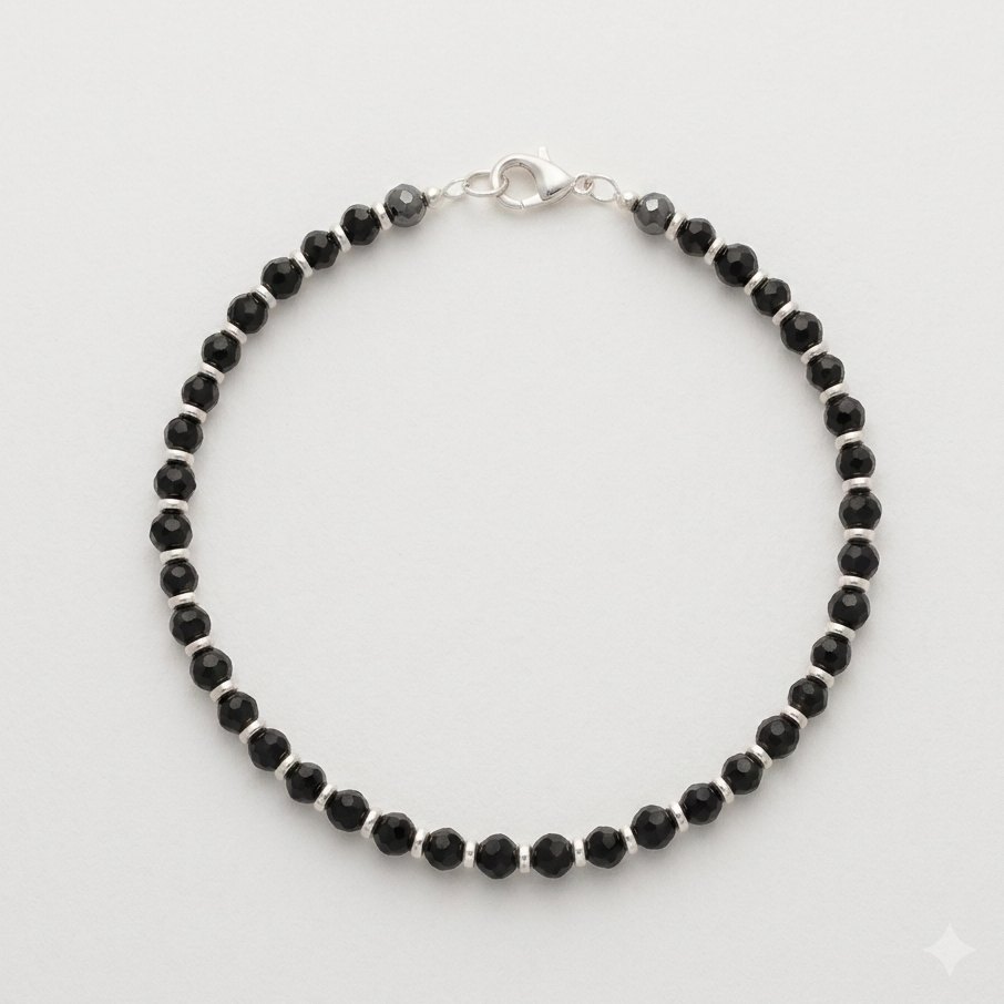 925 Silver & Black Bead Bracelet with Lobster Clasp – Unisex Minimal Jewelry