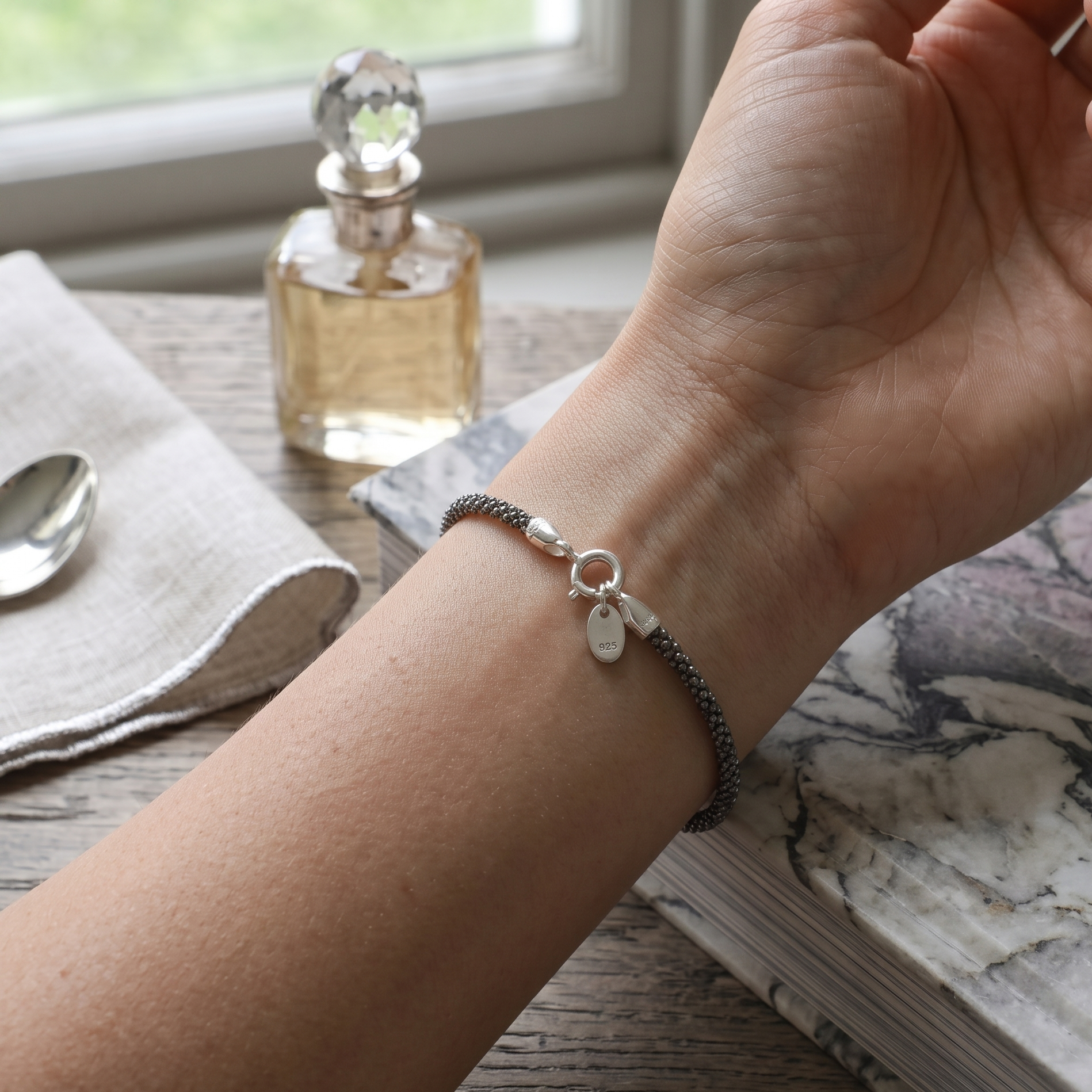 Oxidised Caviar Bracelet in 925 Silver