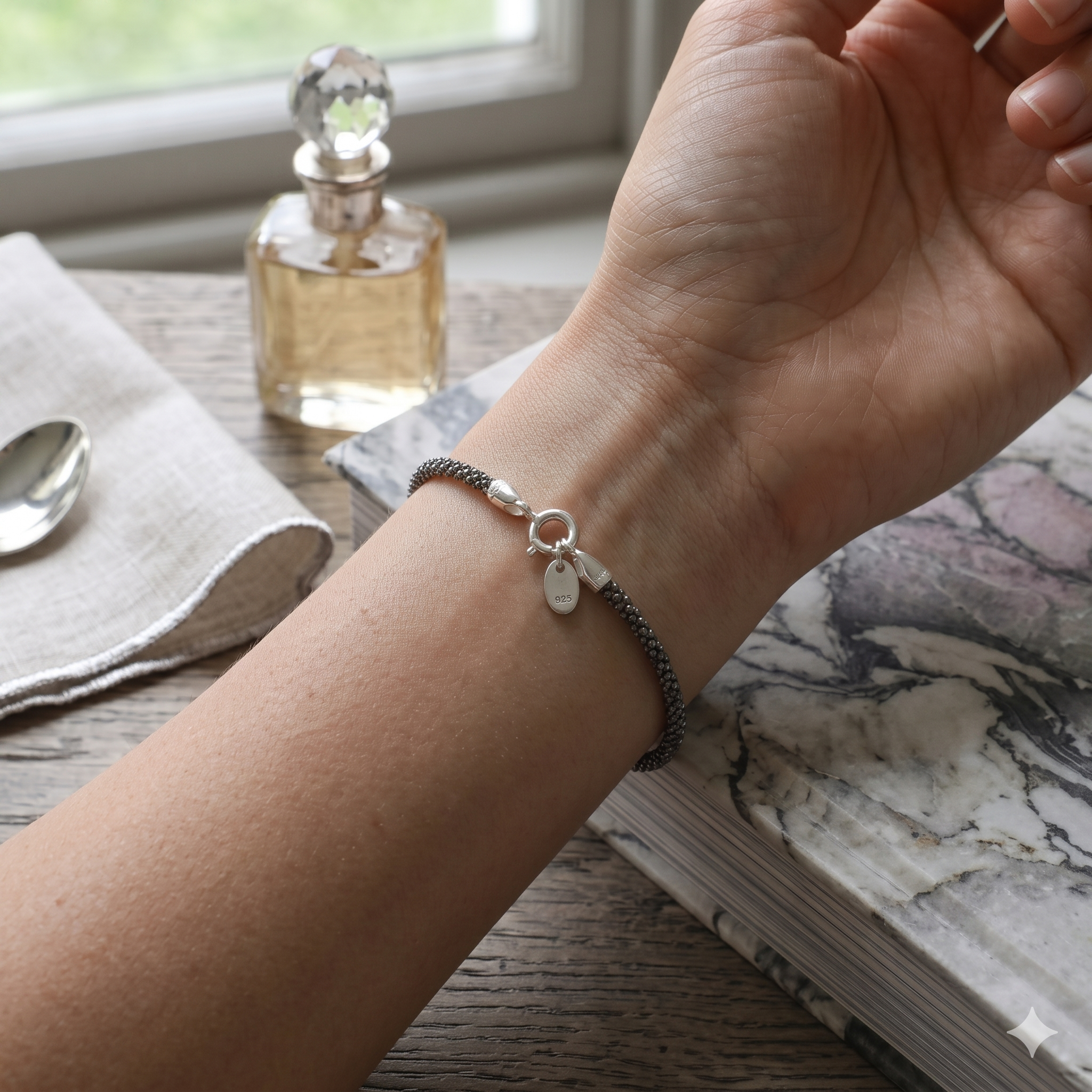 Oxidised Caviar Bracelet in 925 Silver