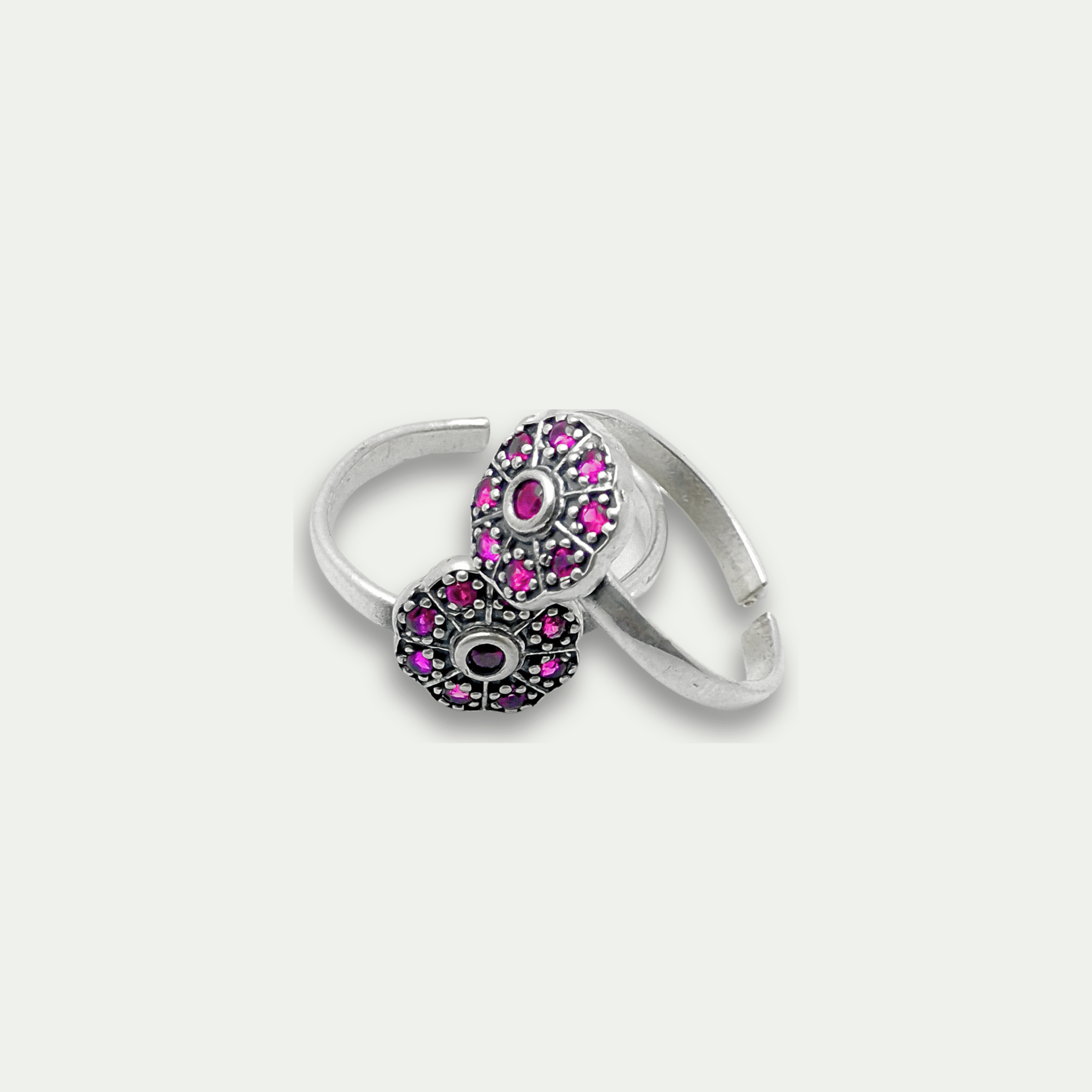 Oxidised 925 Silver Dual Floral Toe Ring – Pink Stone Studded Adjustable Band
