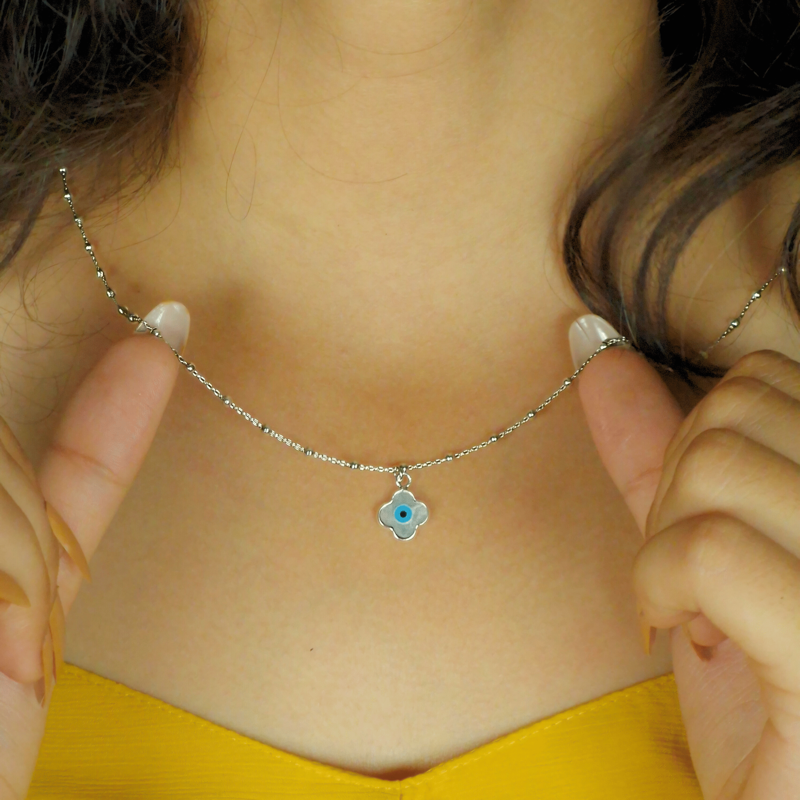 925 Silver Evil Eye Clover Pendant Necklace for Protection
