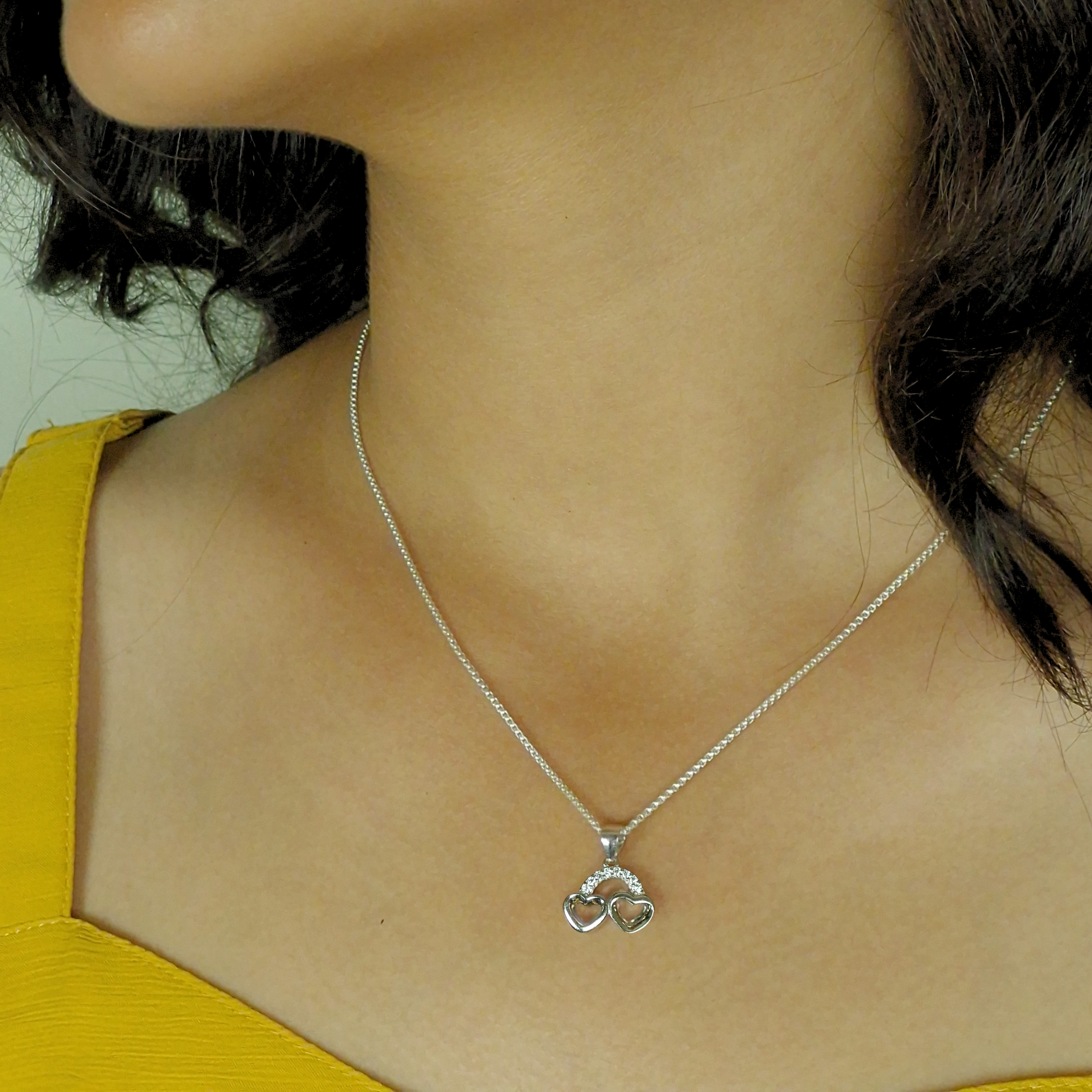 925 Silver Twin Heart Pendant with CZ Stones