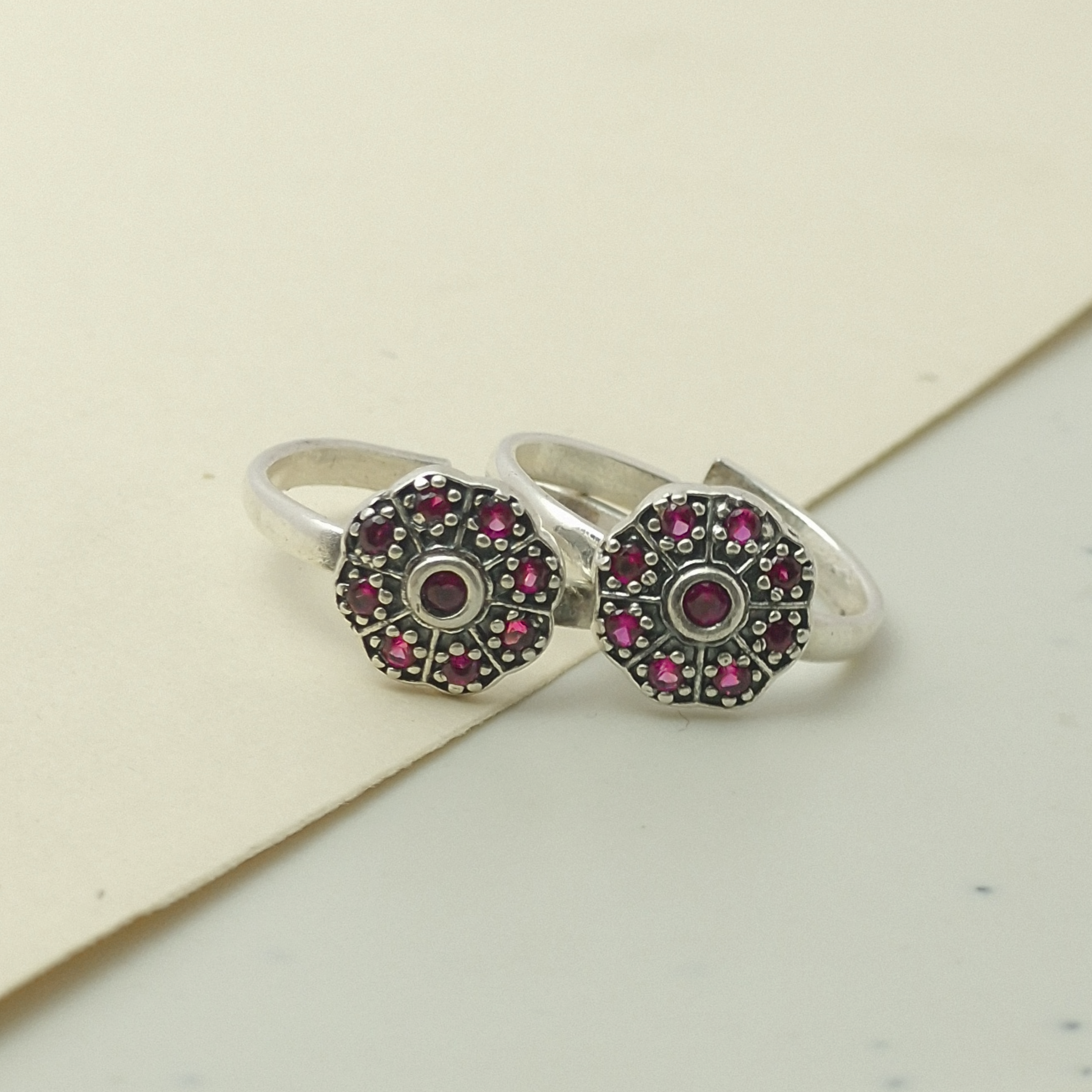 Oxidised 925 Silver Dual Floral Toe Ring – Pink Stone Studded Adjustable Band